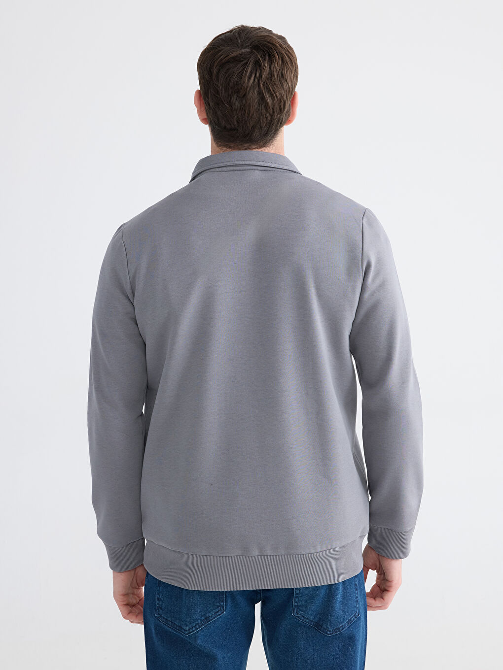 Gri Dik Yaka Uzun Kollu Erkek Kalın Sweatshirt-3