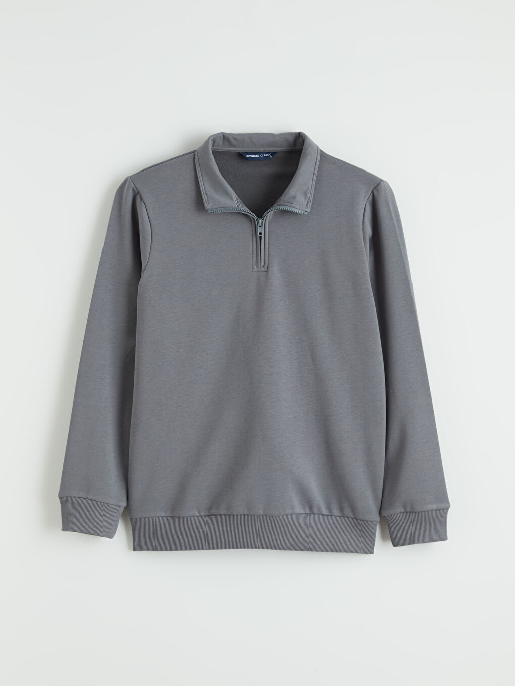 Gri Dik Yaka Uzun Kollu Erkek Kalın Sweatshirt-5