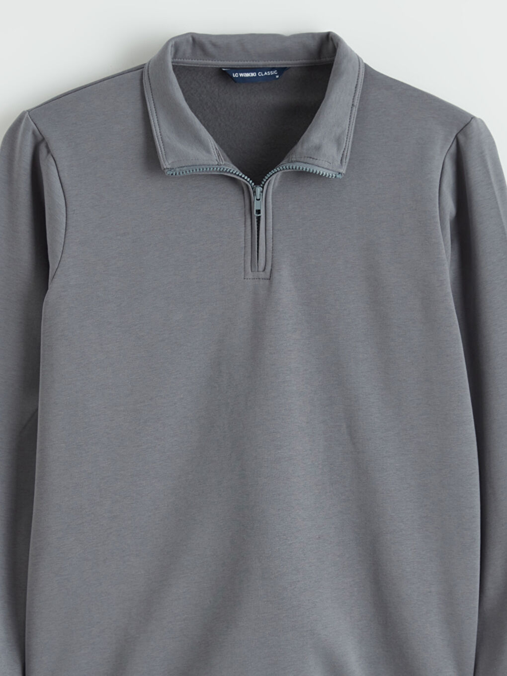 Gri Dik Yaka Uzun Kollu Erkek Kalın Sweatshirt-6