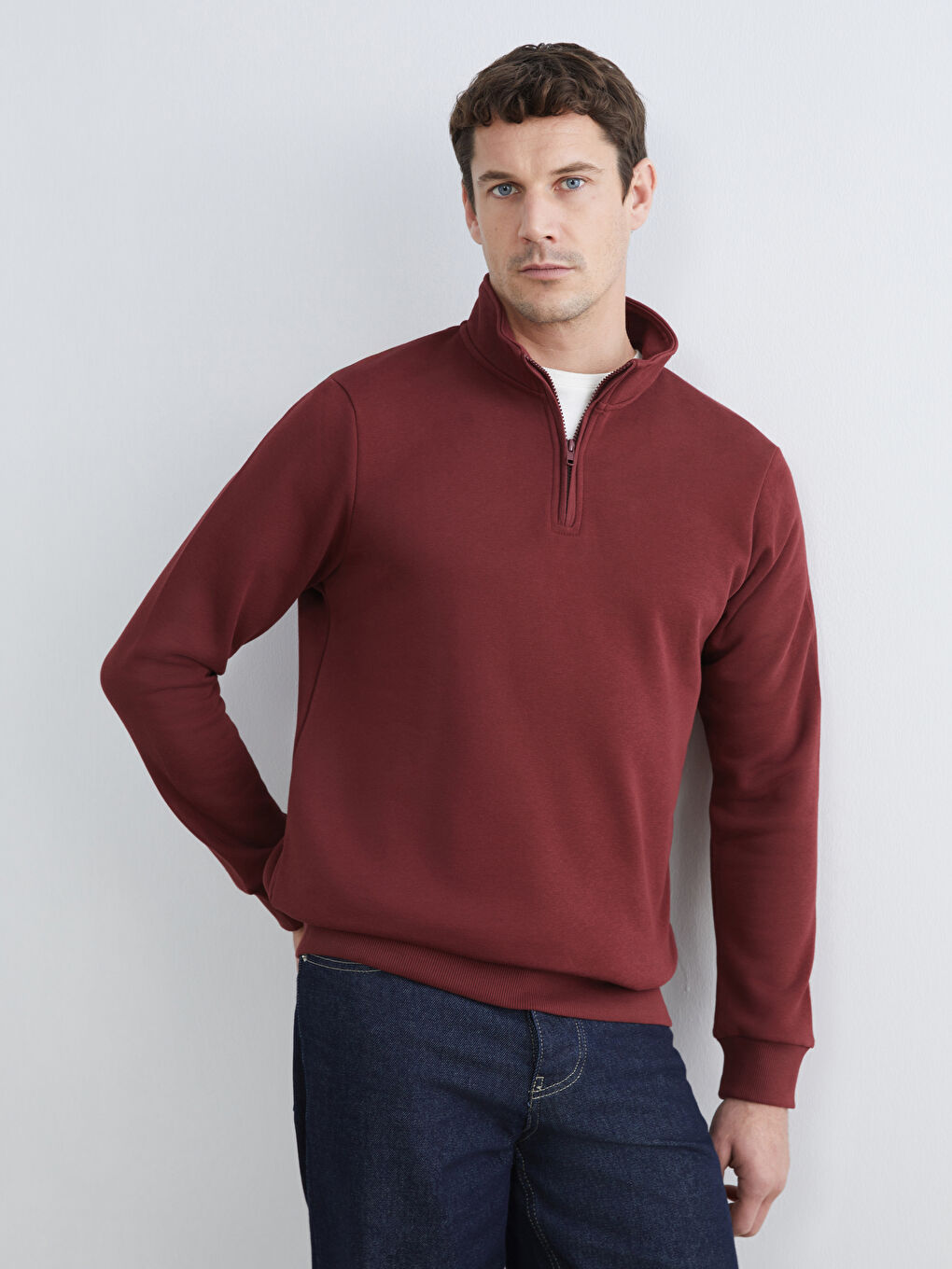 Bordo Dik Yaka Uzun Kollu Erkek Kalın Sweatshirt