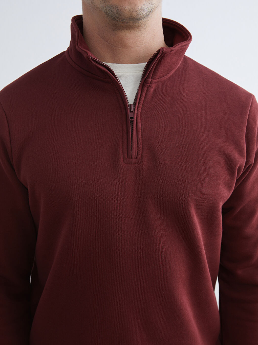 Bordo Dik Yaka Uzun Kollu Erkek Kalın Sweatshirt-2
