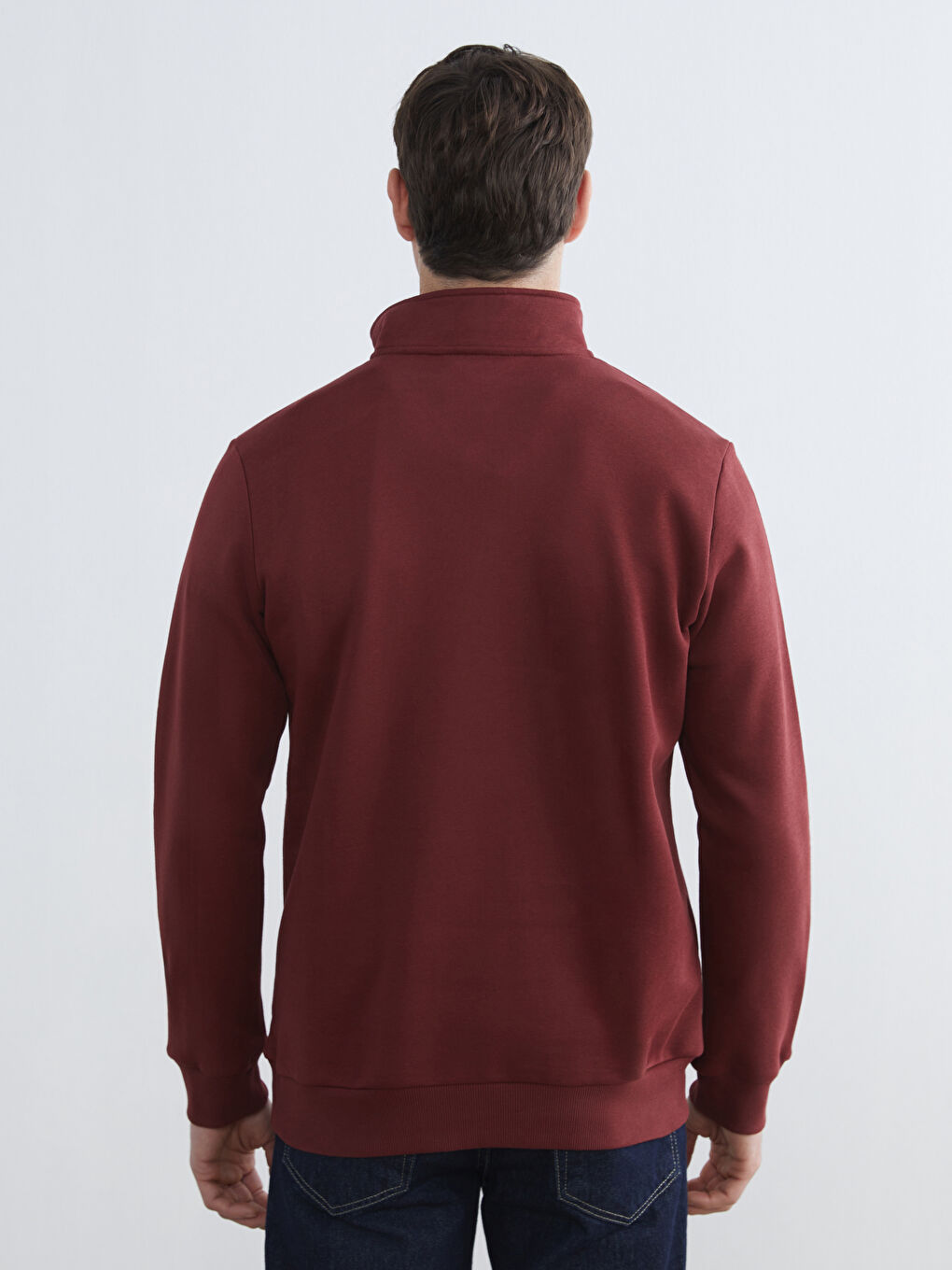 Bordo Dik Yaka Uzun Kollu Erkek Kalın Sweatshirt-3