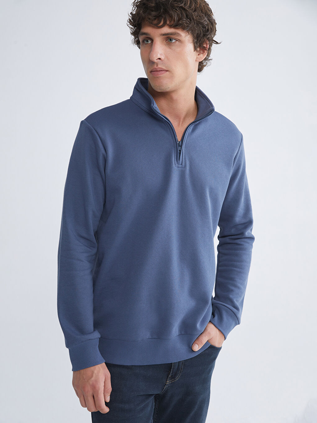 İndigo Dik Yaka Uzun Kollu Erkek Kalın Sweatshirt