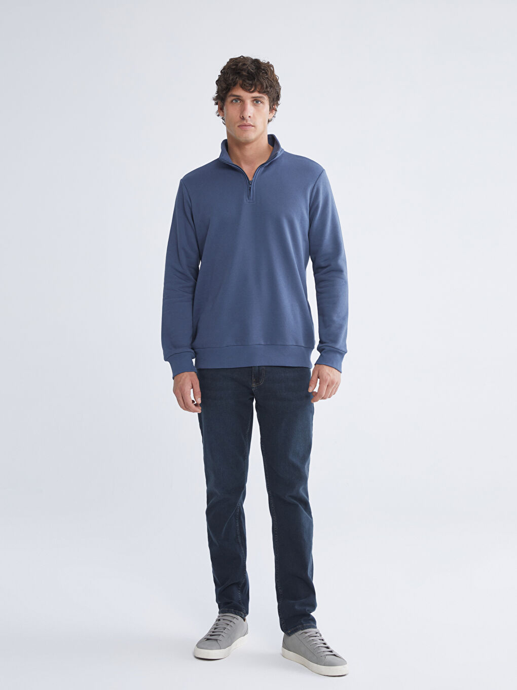 İndigo Dik Yaka Uzun Kollu Erkek Kalın Sweatshirt-1