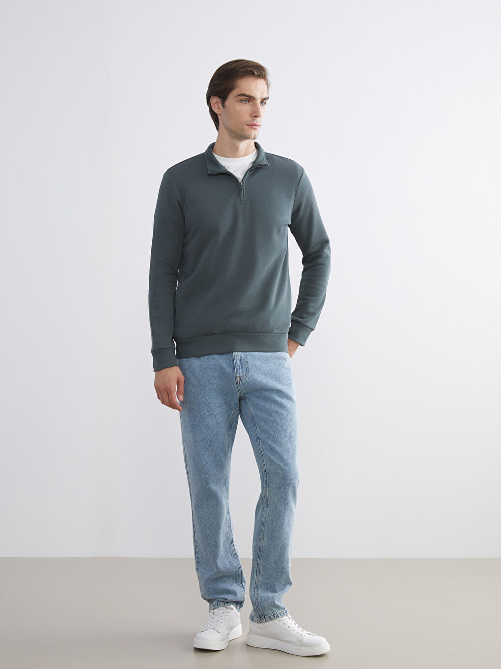 Yeşil Dik Yaka Uzun Kollu Erkek Kalın Sweatshirt-1