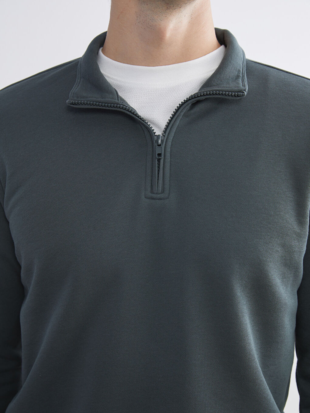 Yeşil Dik Yaka Uzun Kollu Erkek Kalın Sweatshirt-4