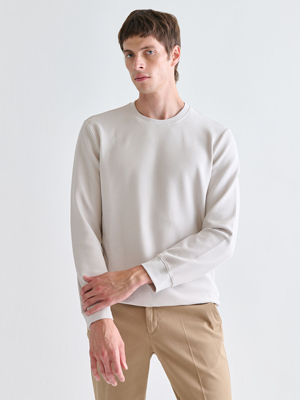 Crew Neck Long Sleeve Men's Textured Sweatshirt-1