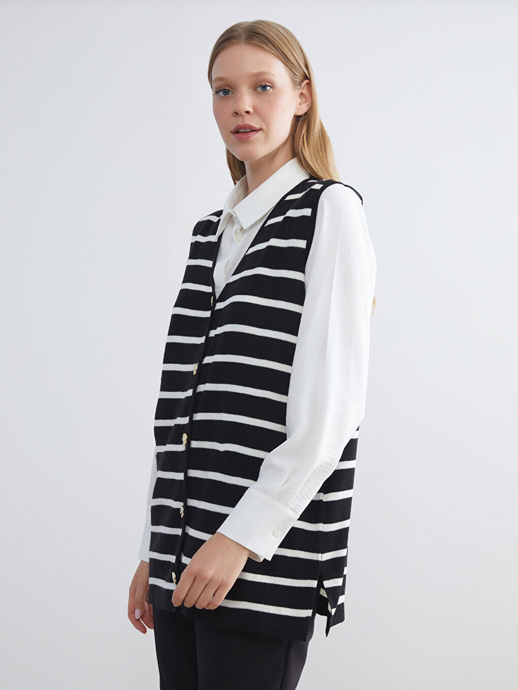 V Neck Striped Women's Knitwear Waistcoat