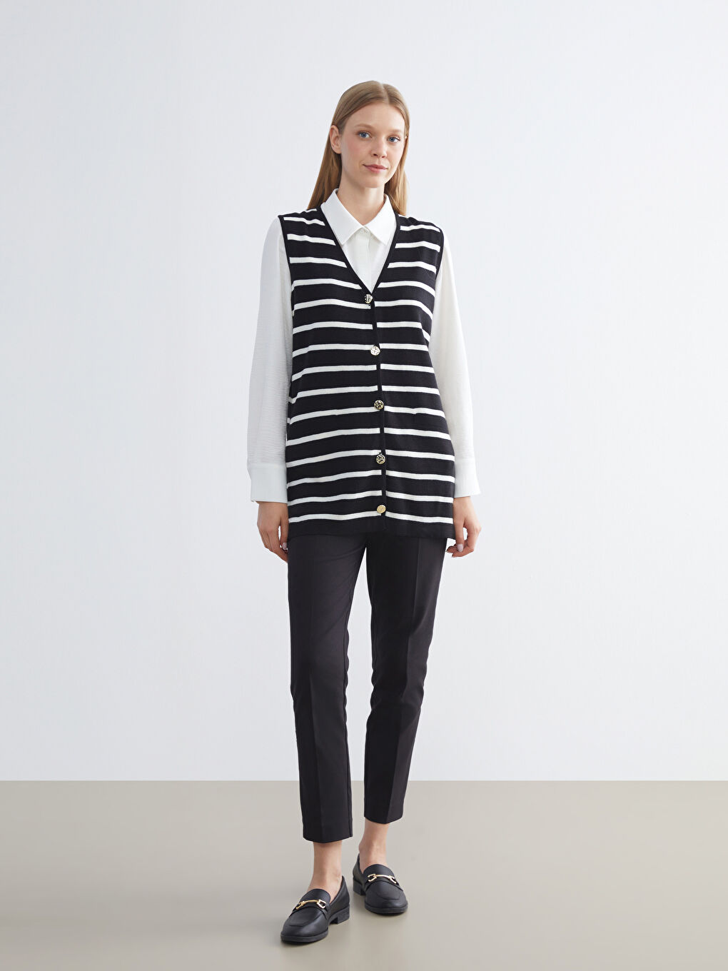 V Neck Striped Women's Knitwear Waistcoat-1