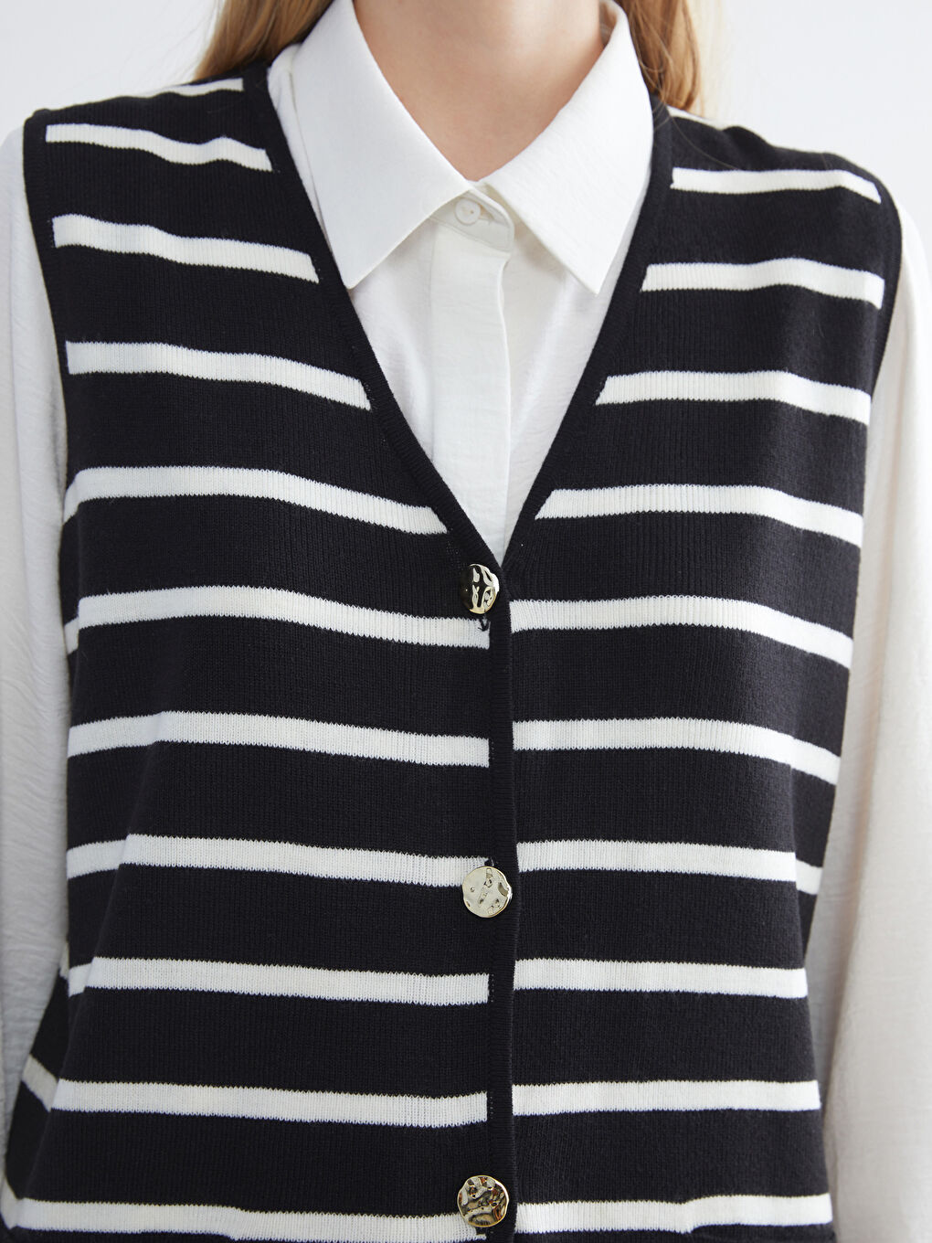 V Neck Striped Women's Knitwear Waistcoat-2