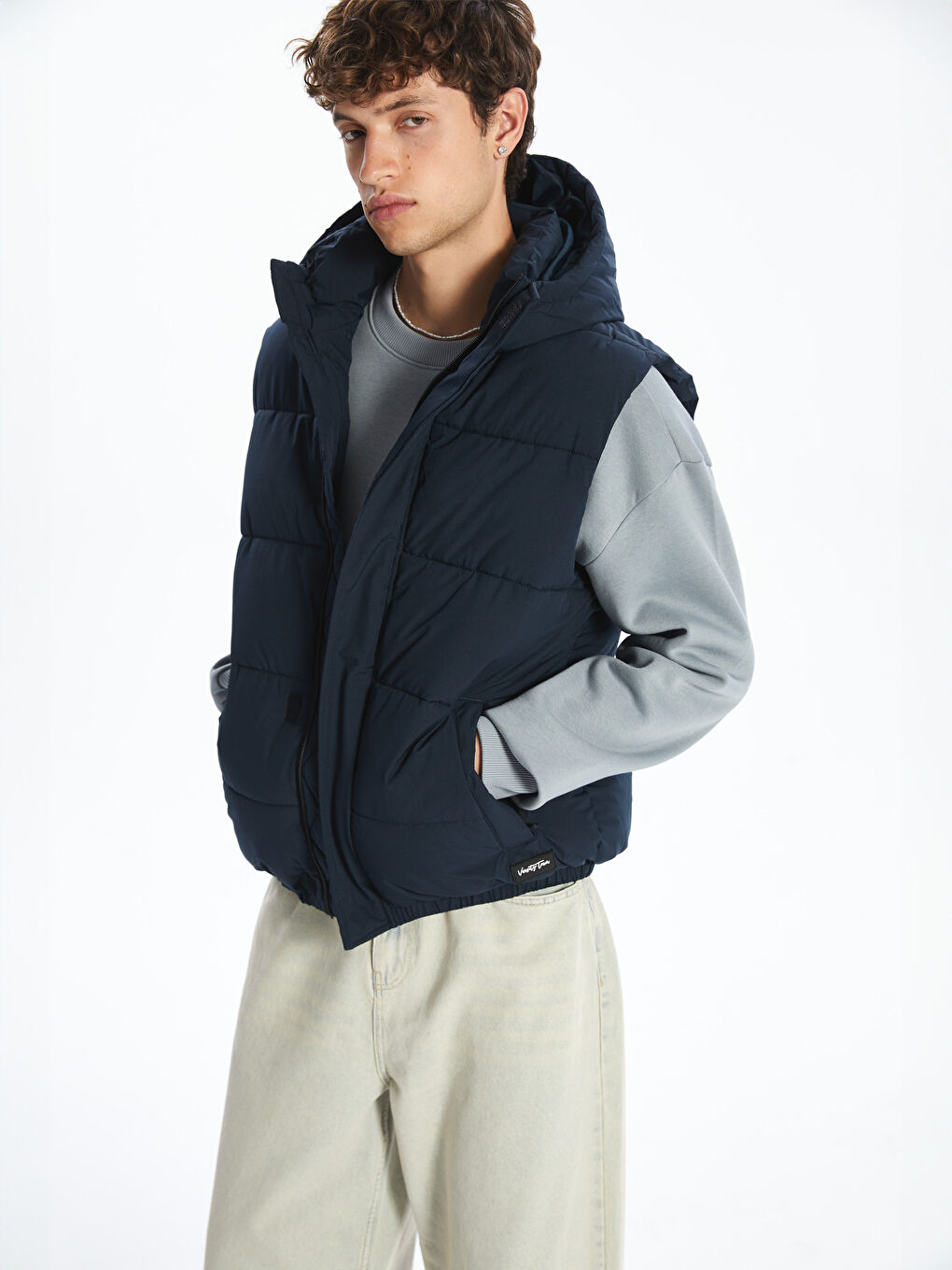 Lacivert Standart Kalıp Kapüşonlu Erkek Şişme Yelek