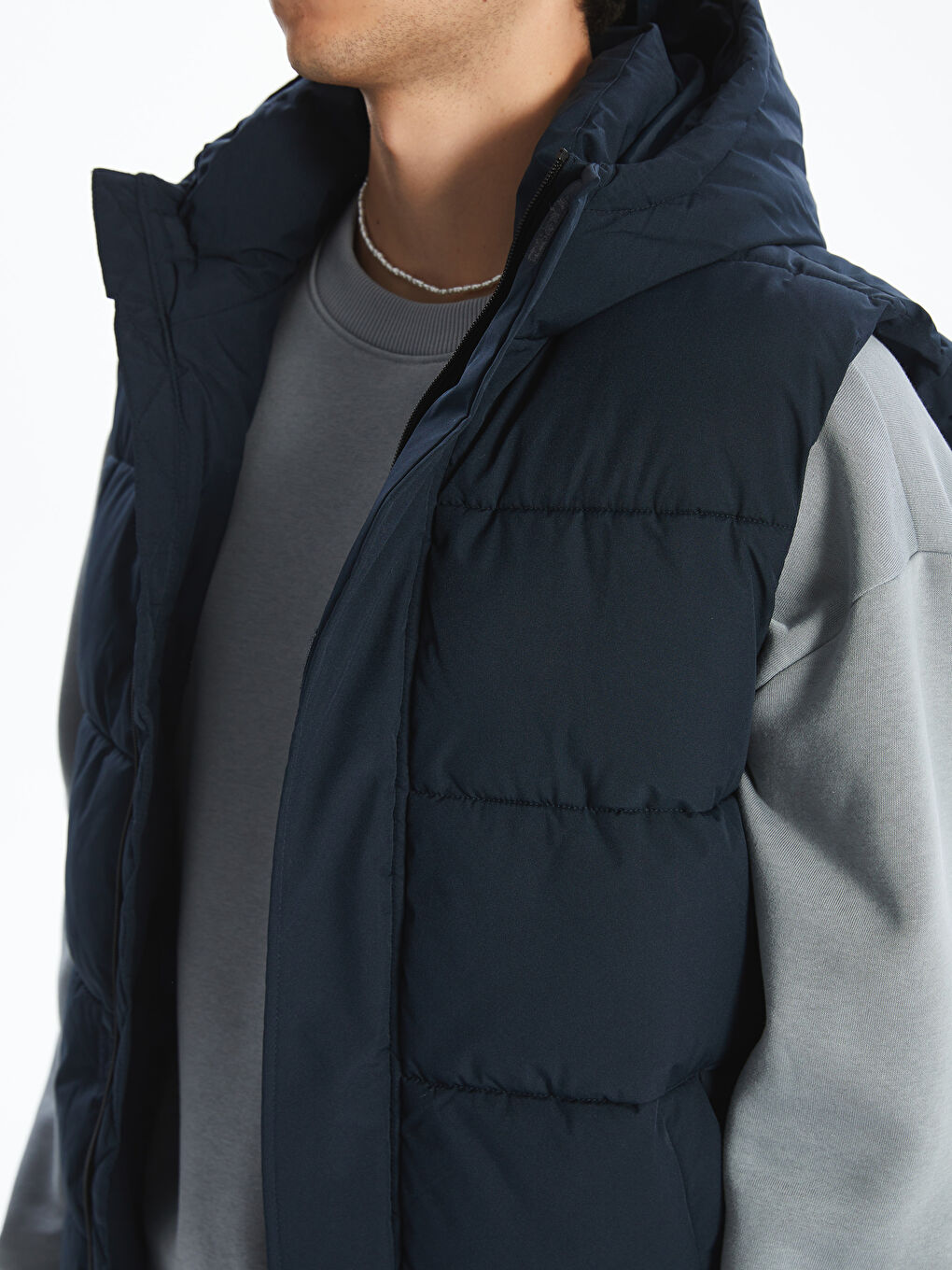 Lacivert Standart Kalıp Kapüşonlu Erkek Şişme Yelek-2