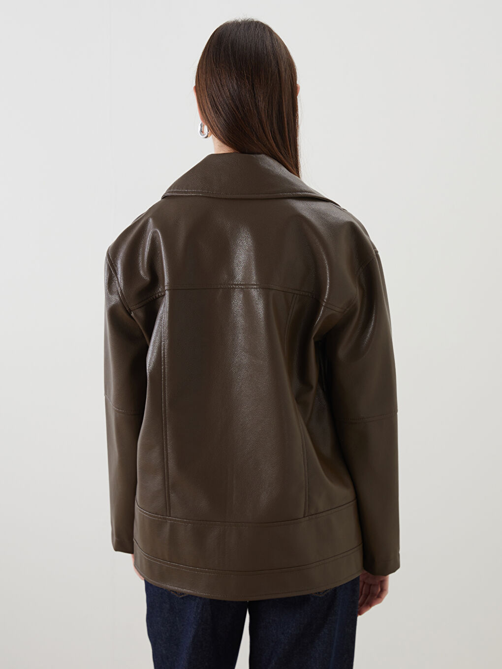 LCW Modest Collared Neck Oversize Women's Faux Leather Jacket -W58820Z8-CU8
