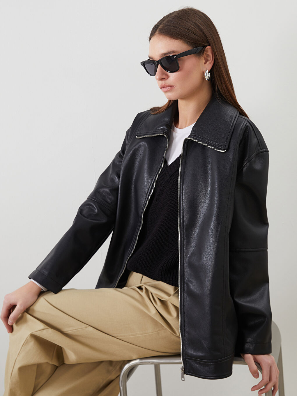 LCW Modest Collared Neck Oversize Women's Faux Leather Jacket -W58820Z8-CVL