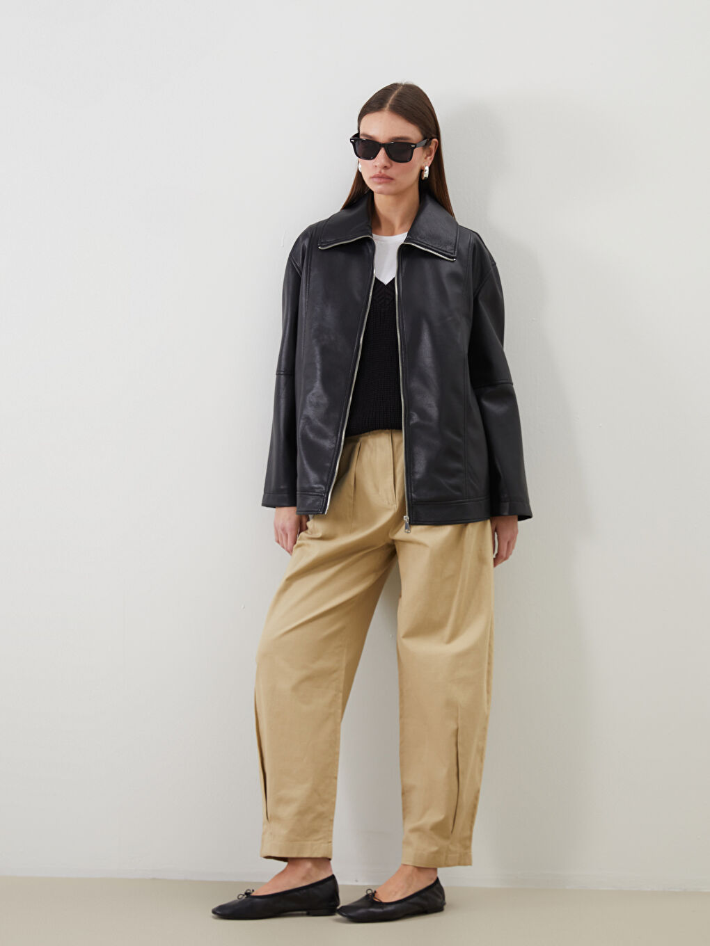 LCW Modest Collared Neck Oversize Women's Faux Leather Jacket -W58820Z8-CVL