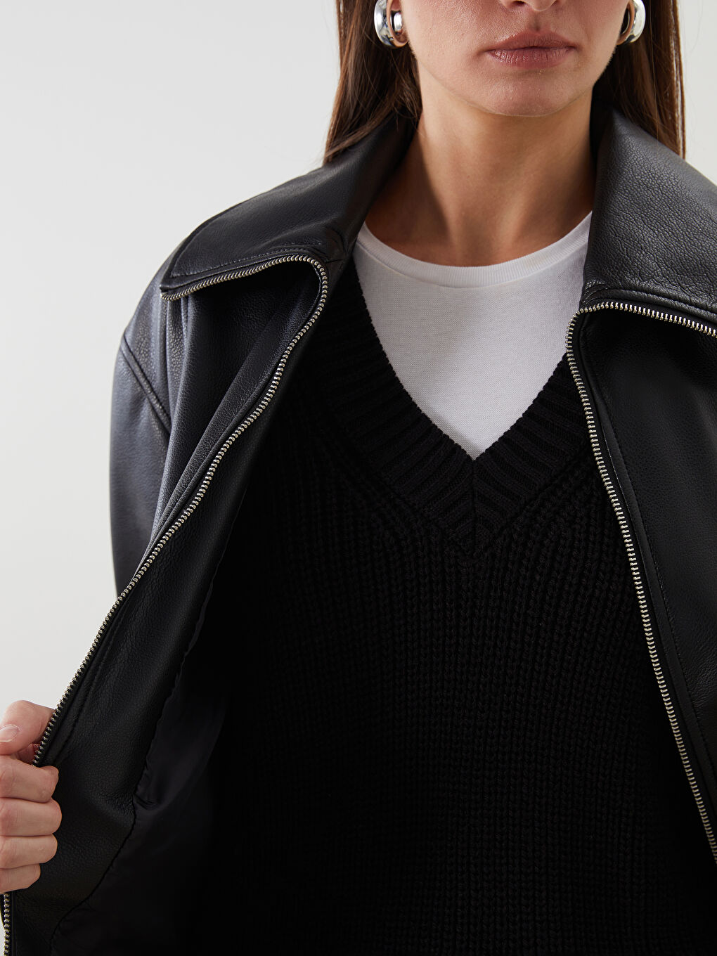 LCW Modest Collared Neck Oversize Women's Faux Leather Jacket -W58820Z8-CVL
