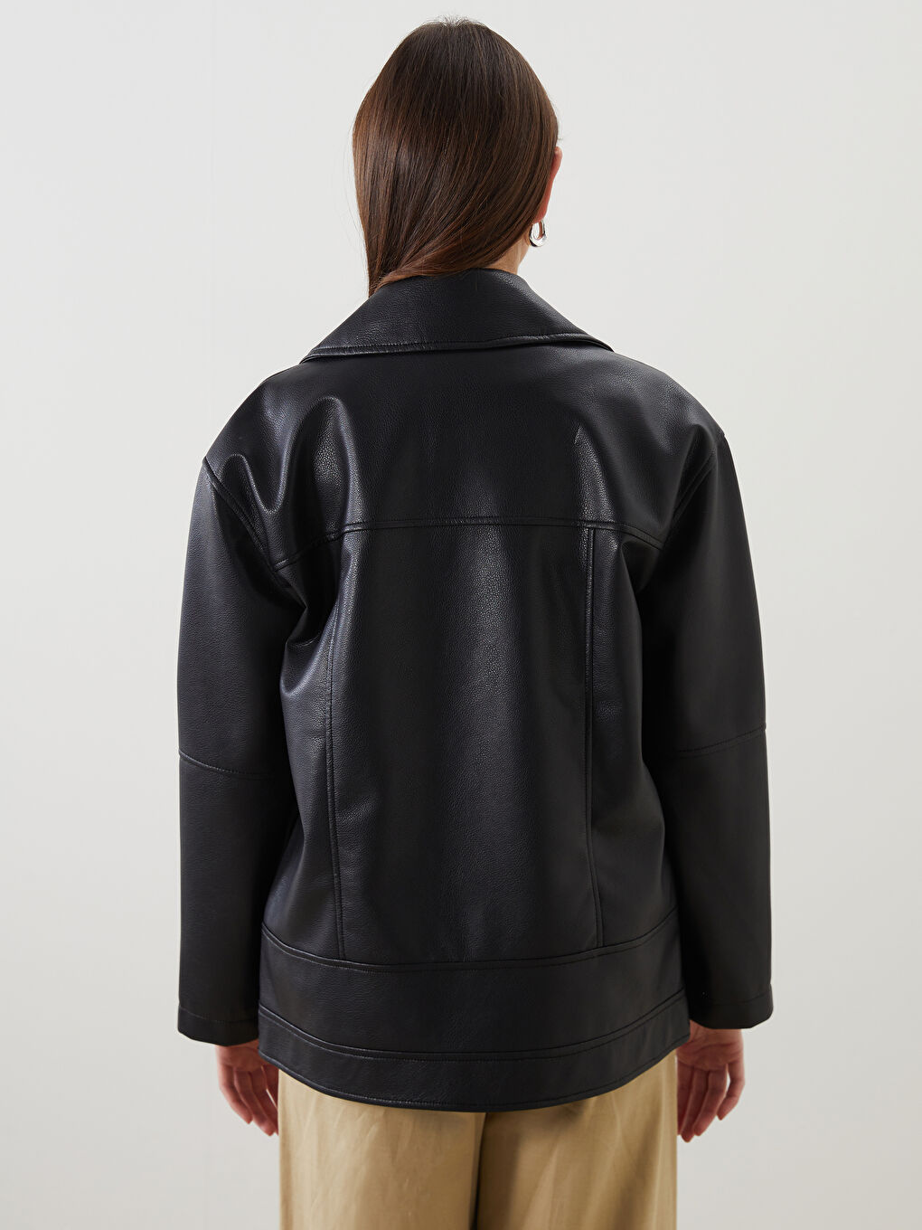 LCW Modest Collared Neck Oversize Women's Faux Leather Jacket -W58820Z8-CVL