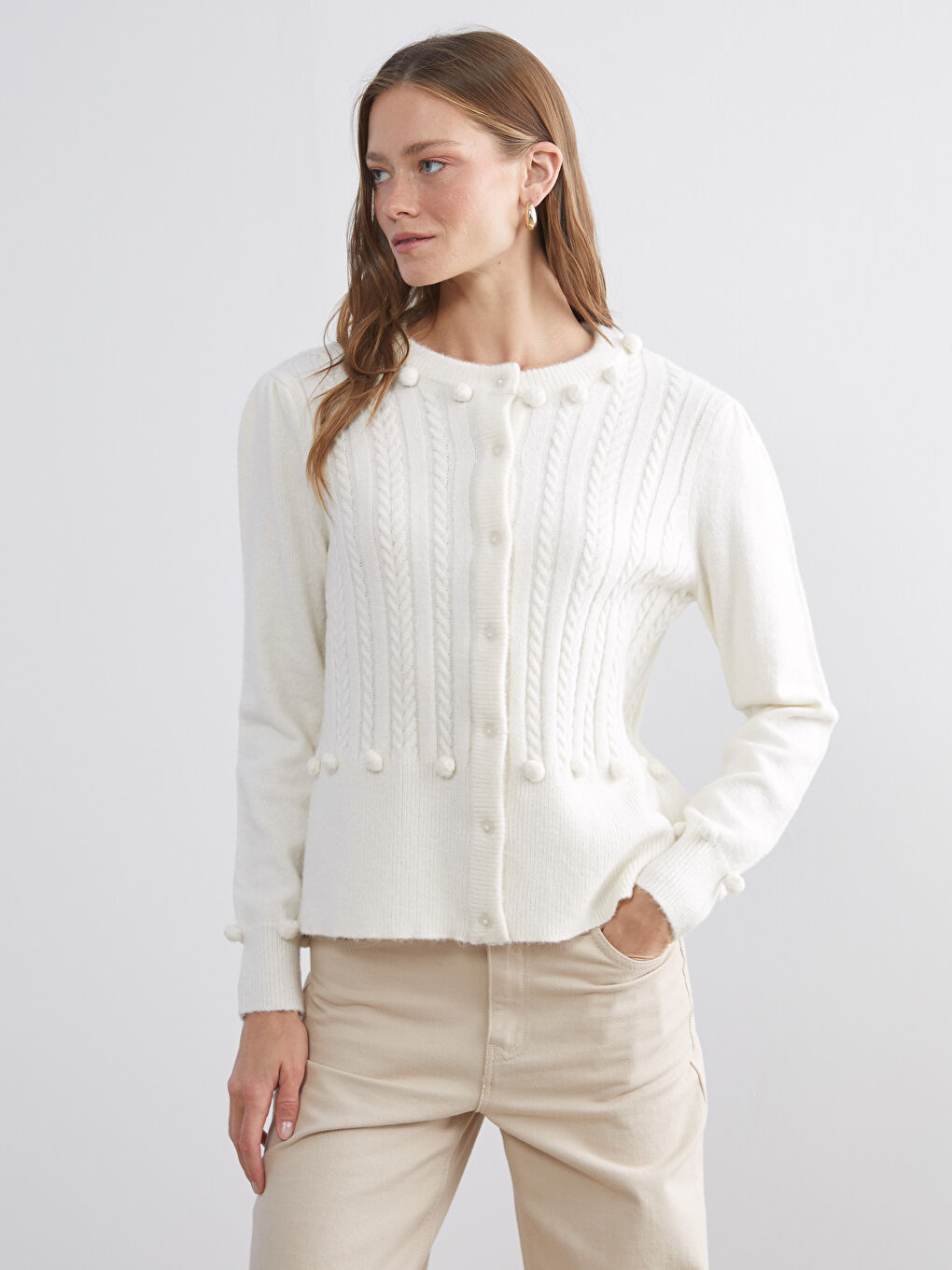 Crew Neck Self Patterned Long Sleeve Women's Tricot Cardigan