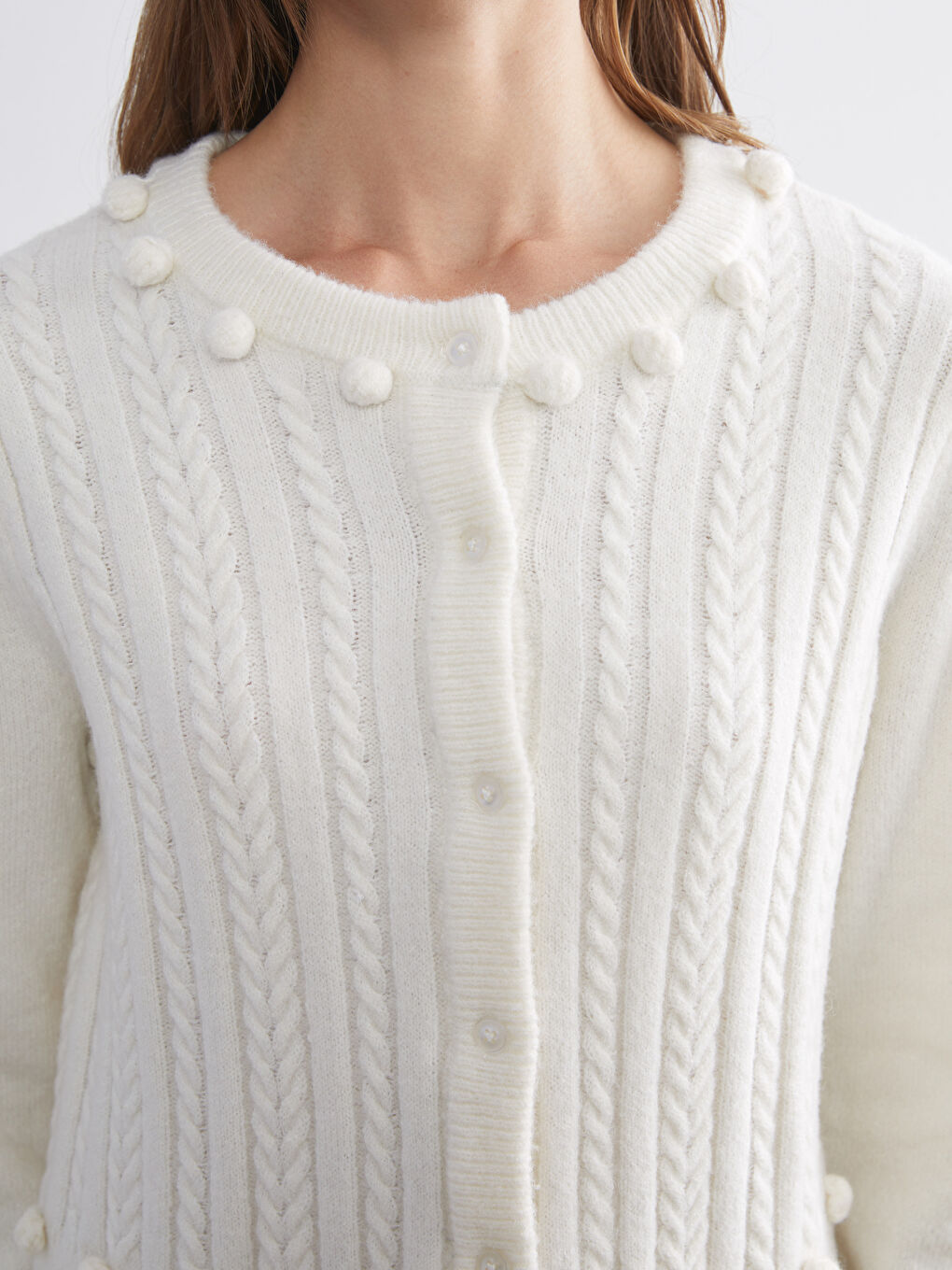 Crew Neck Self Patterned Long Sleeve Women's Tricot Cardigan-2