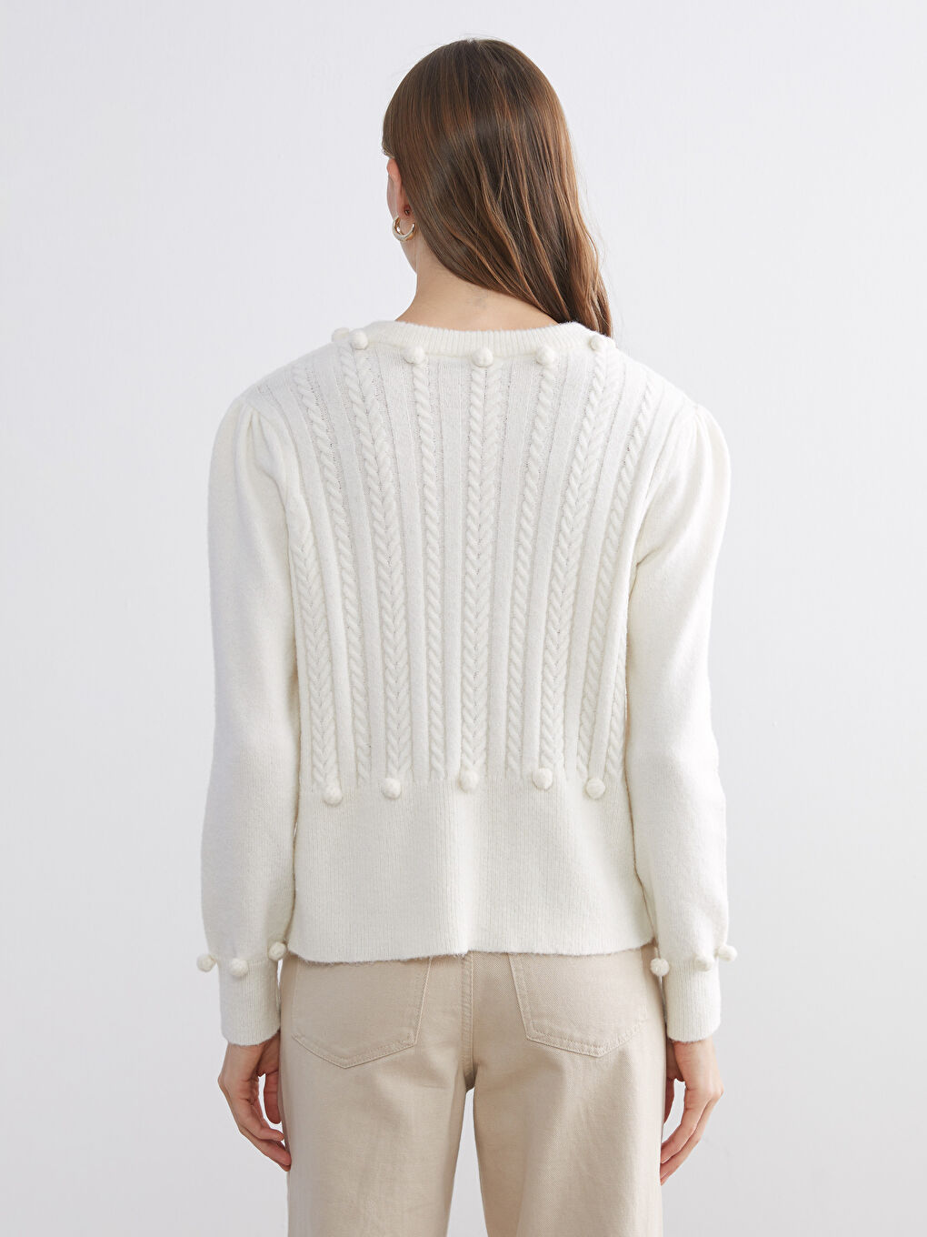 Crew Neck Self Patterned Long Sleeve Women's Tricot Cardigan-3
