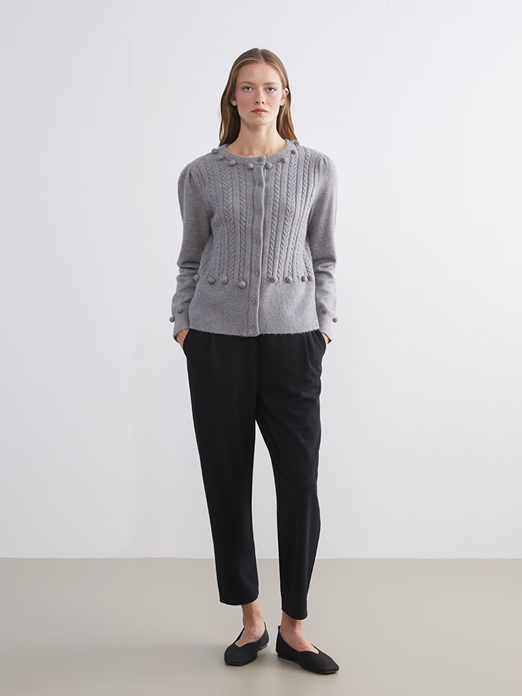 Crew Neck Self Patterned Long Sleeve Women's Tricot Cardigan-1