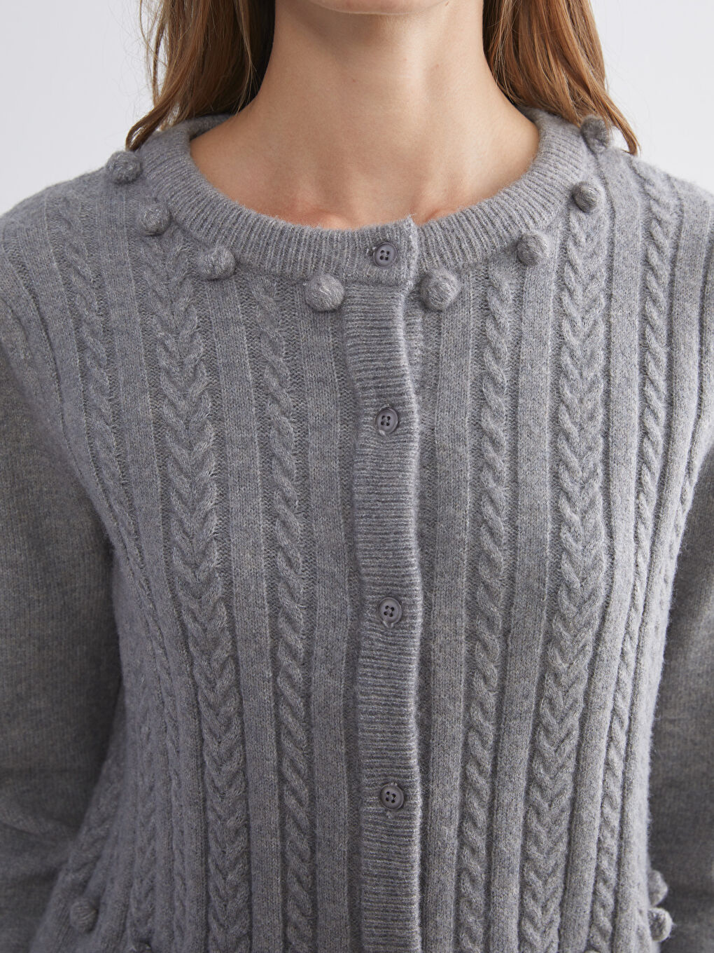 Crew Neck Self Patterned Long Sleeve Women's Tricot Cardigan-2
