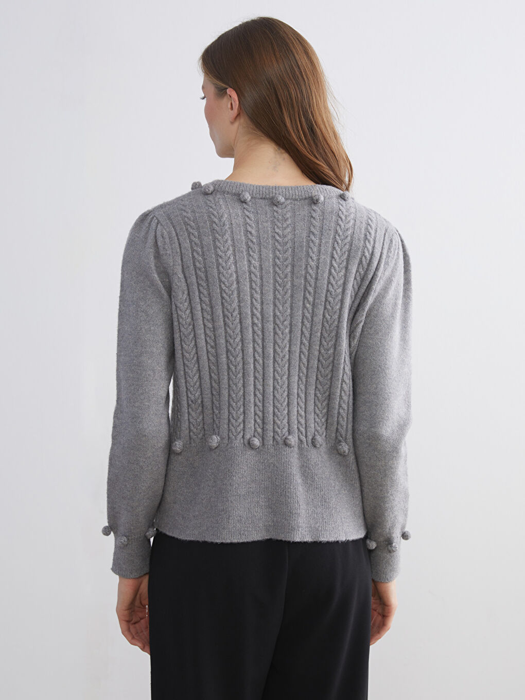 Crew Neck Self Patterned Long Sleeve Women's Tricot Cardigan-3