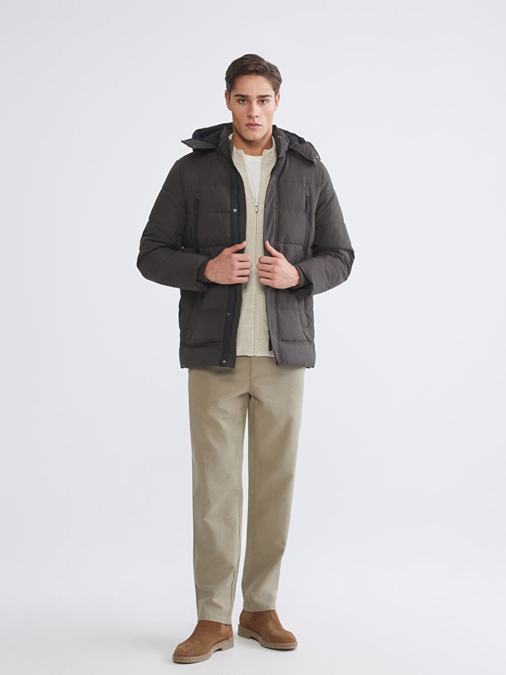 Haki Standart Kalıp Kapüşonlu Erkek Mont-1