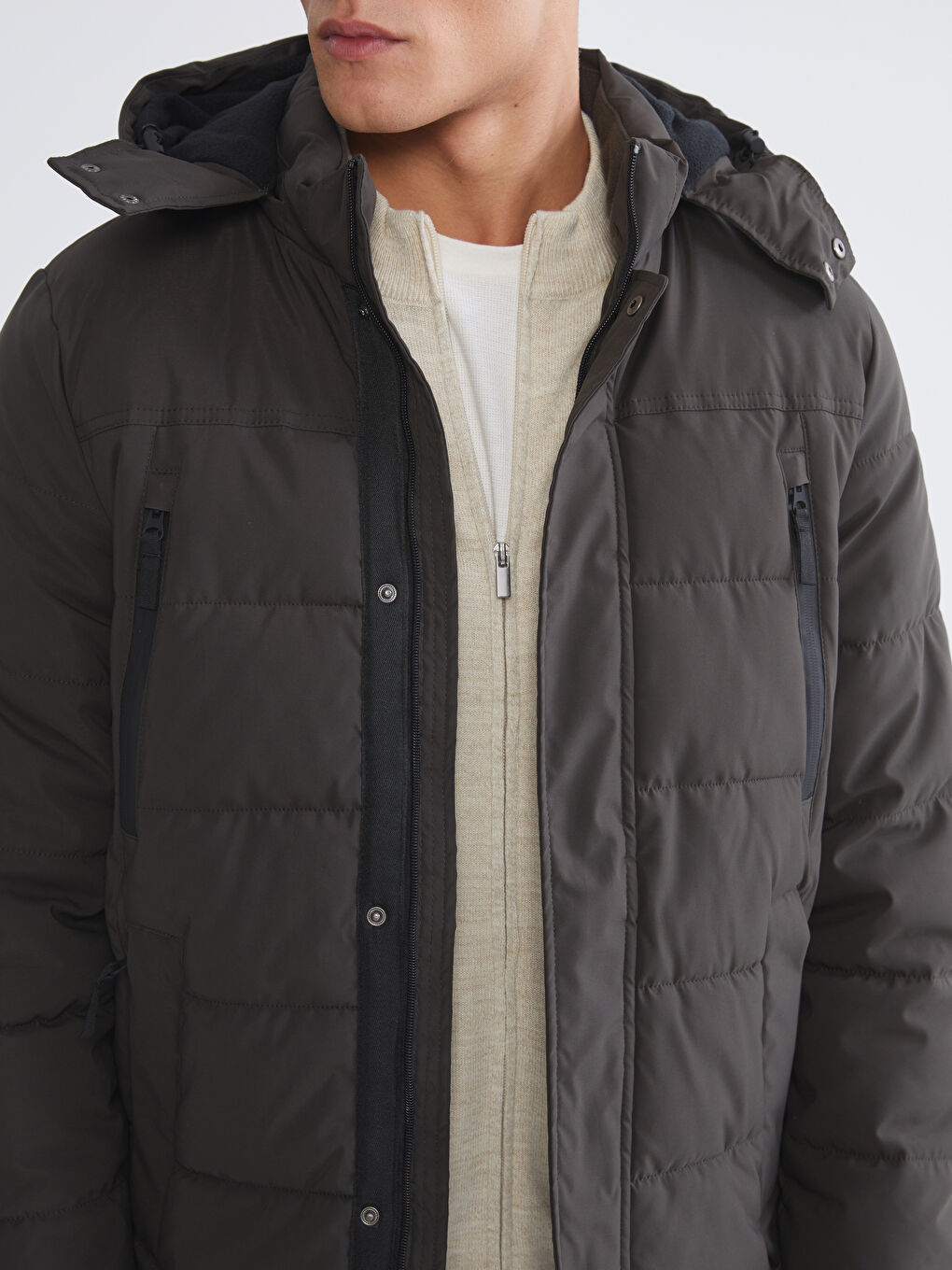 Haki Standart Kalıp Kapüşonlu Erkek Mont-2