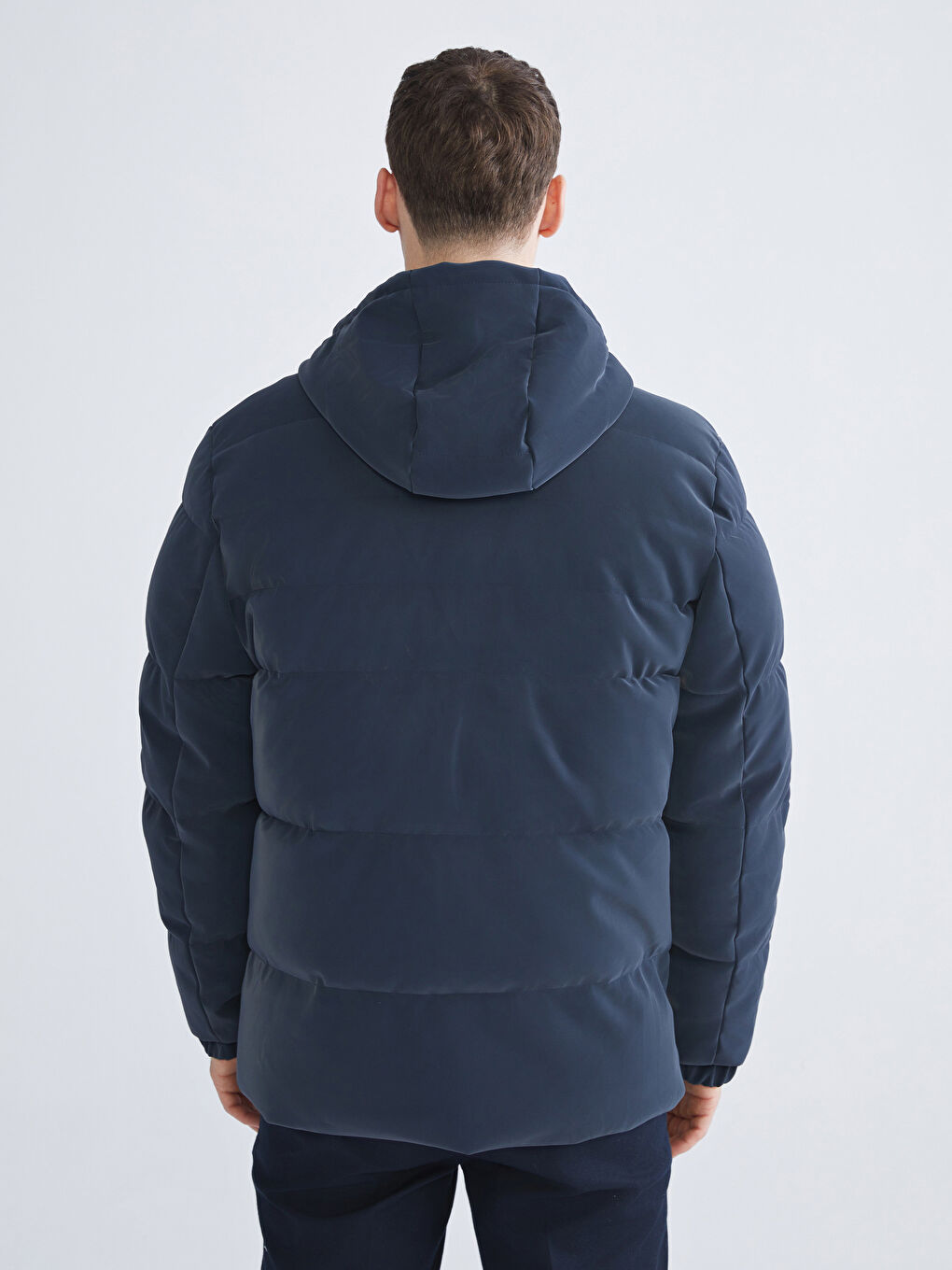Lacivert Standart Kalıp Kapüşonlu Erkek Şişme Mont-4