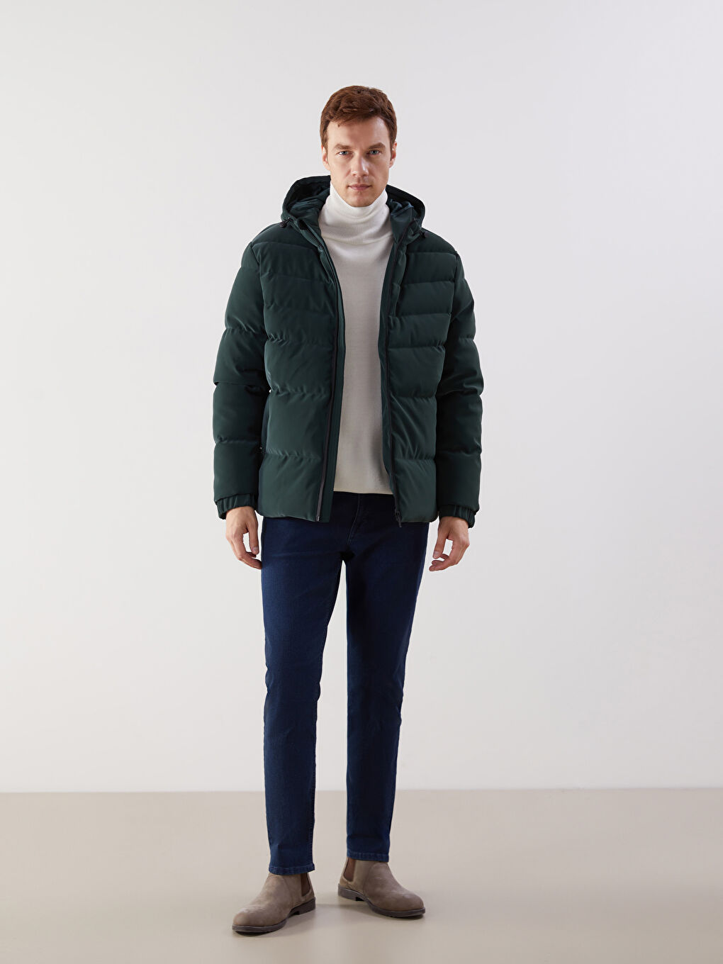 Yeşil Standart Kalıp Kapüşonlu Erkek Şişme Mont-1