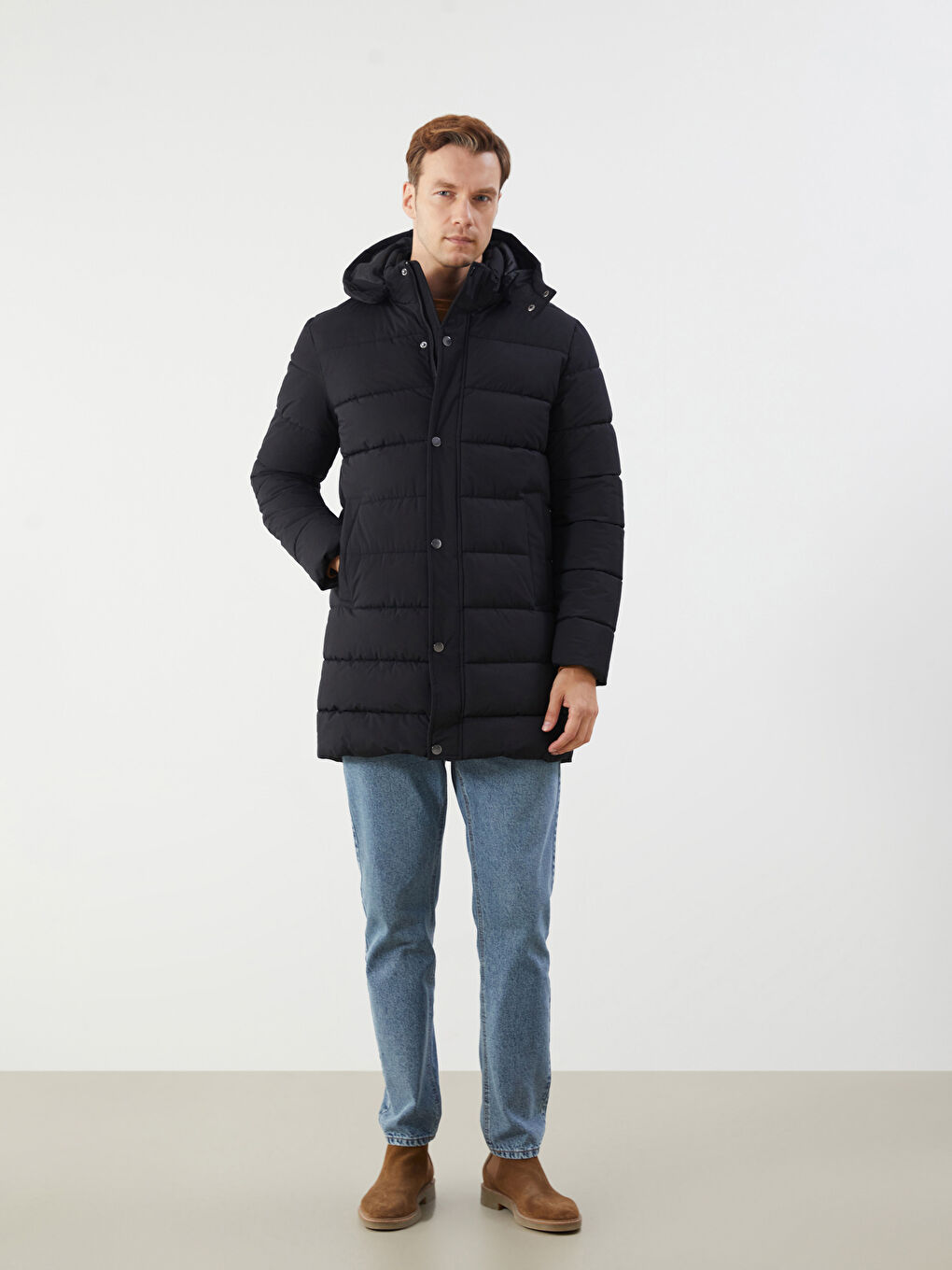 Siyah Standart Kalıp Kapüşonlu Erkek Parka-1