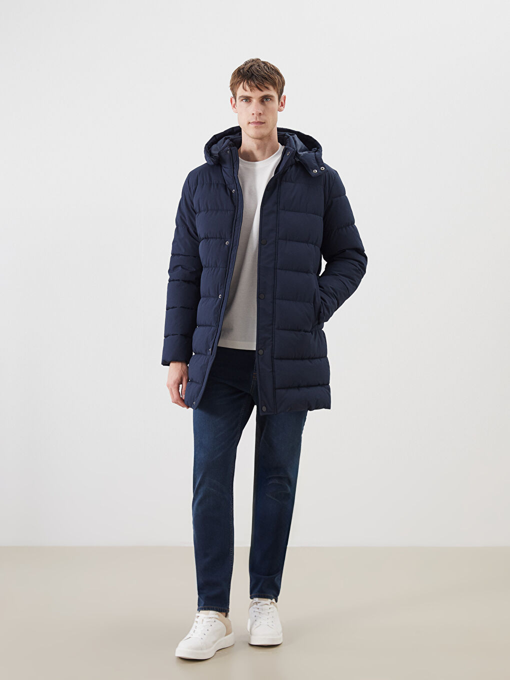 Lacivert Standart Kalıp Kapüşonlu Erkek Parka-1