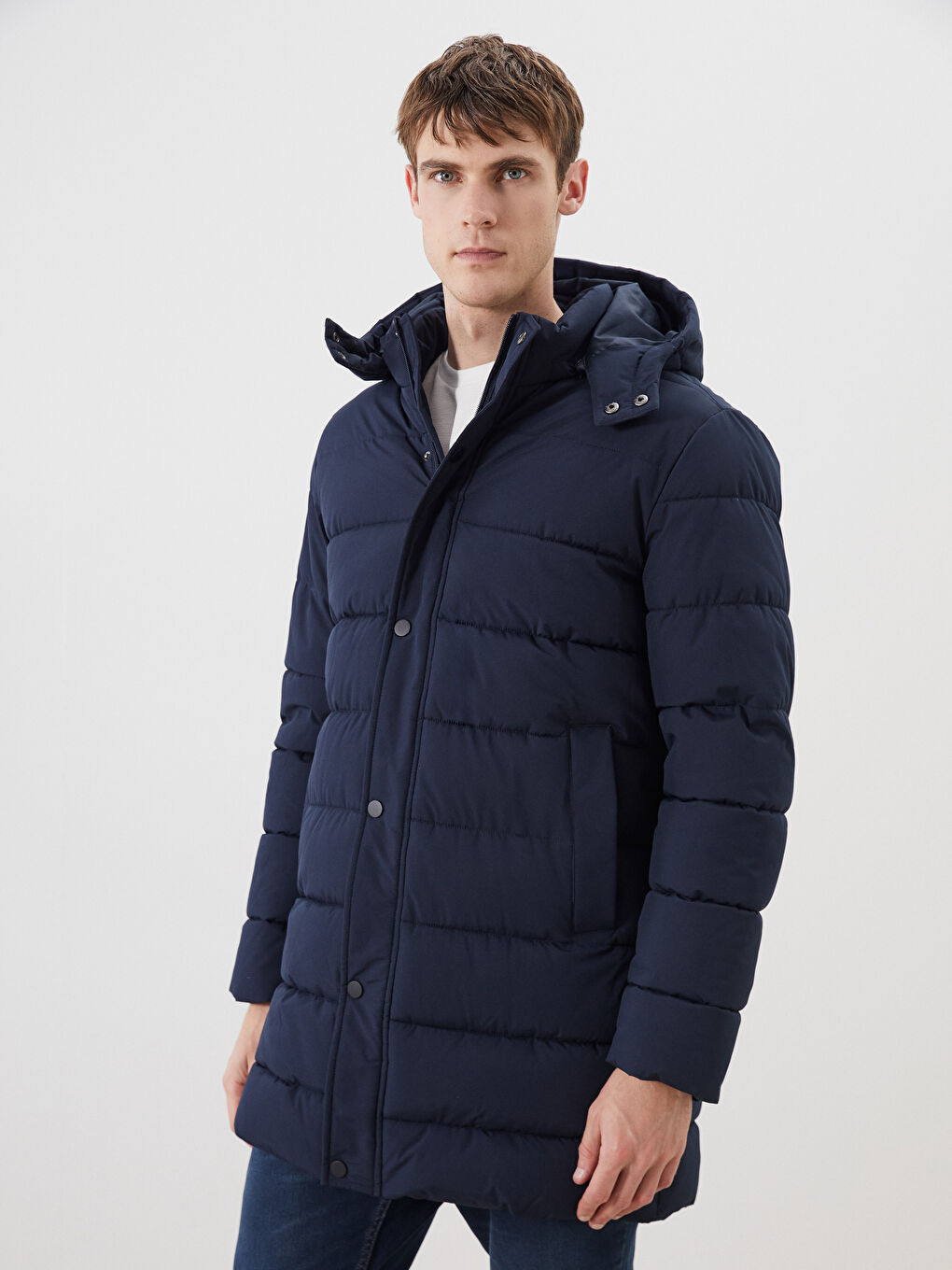 Lacivert Standart Kalıp Kapüşonlu Erkek Parka-3