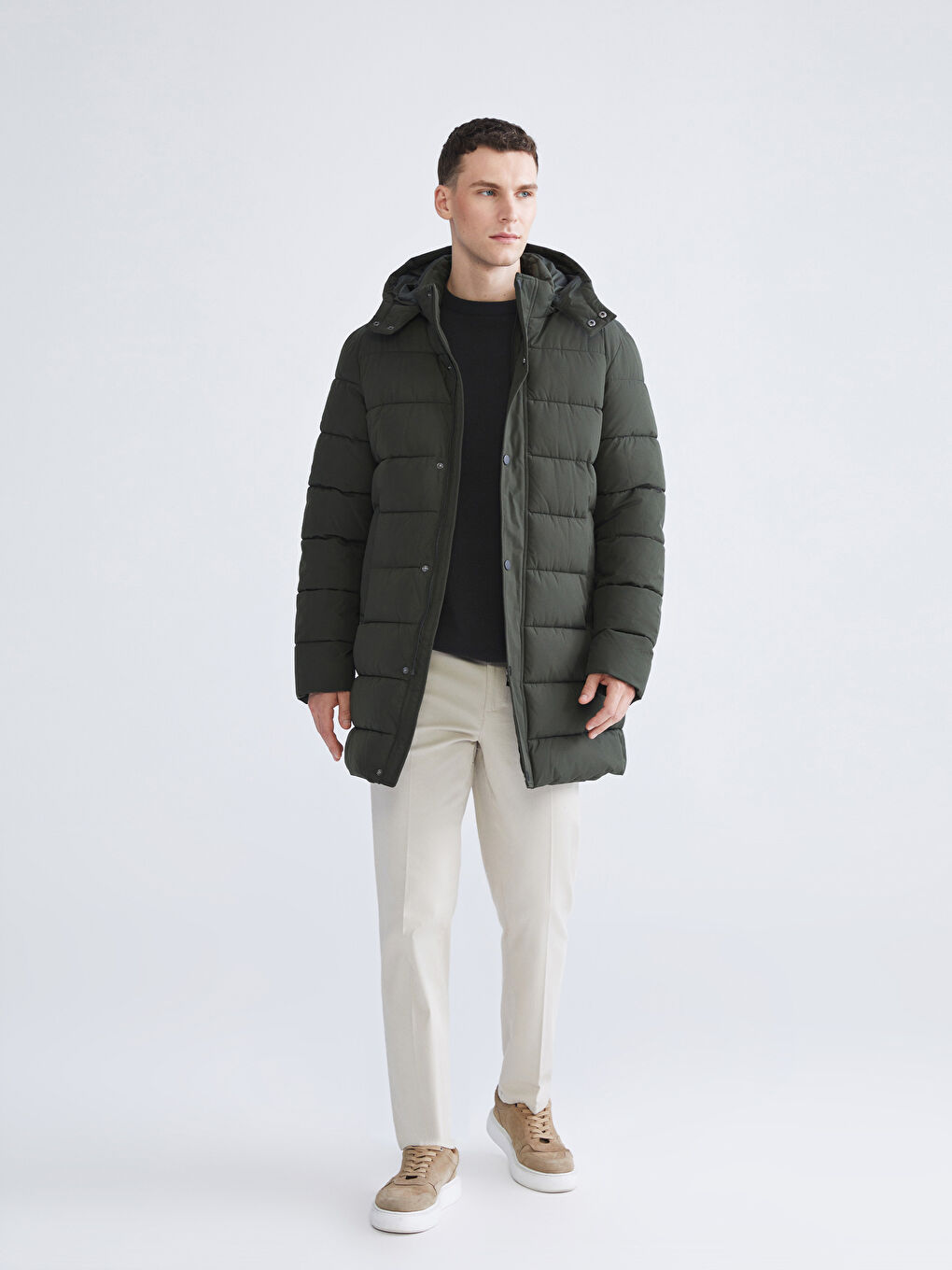 Haki Standart Kalıp Kapüşonlu Erkek Parka-1