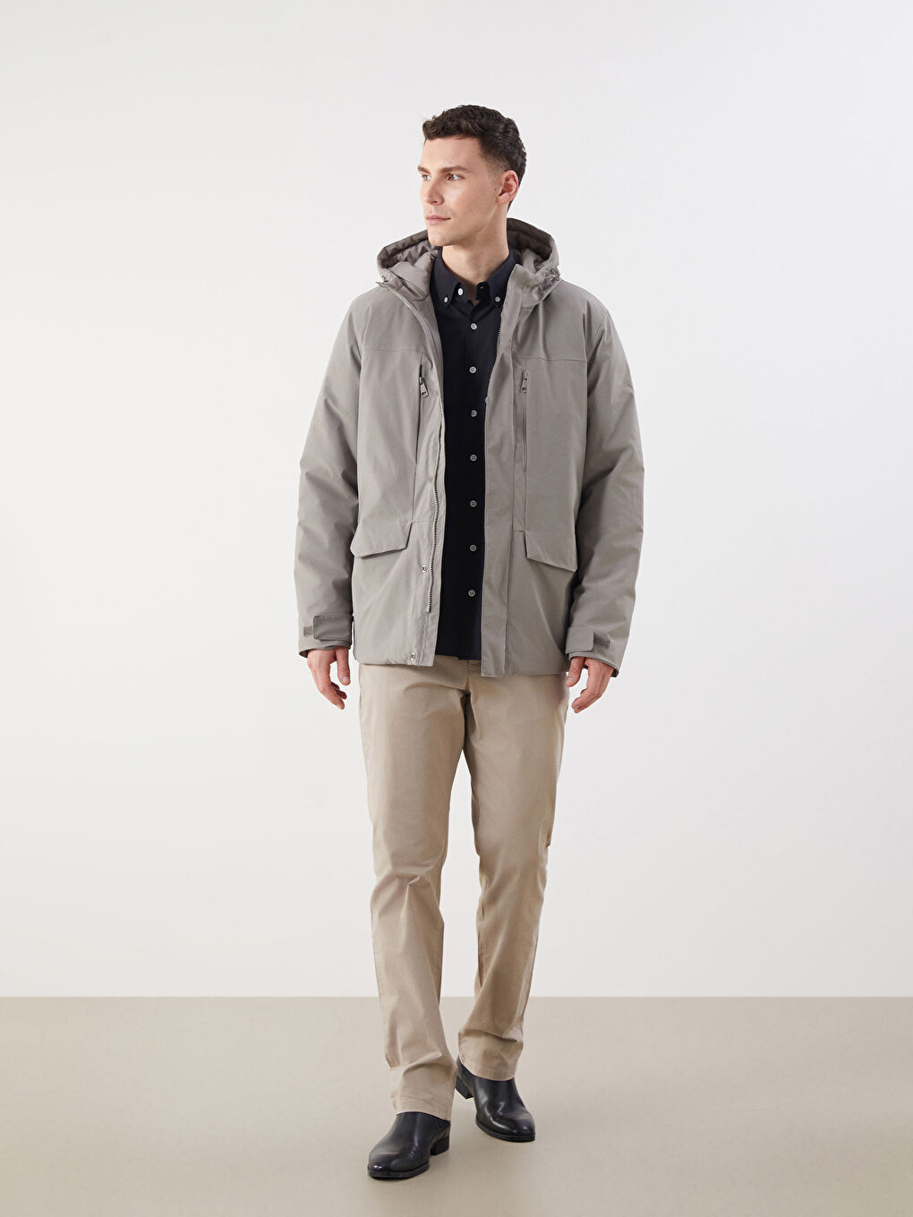 Kahverengi Standart Kalıp Kapüşonlu Erkek Mont-3