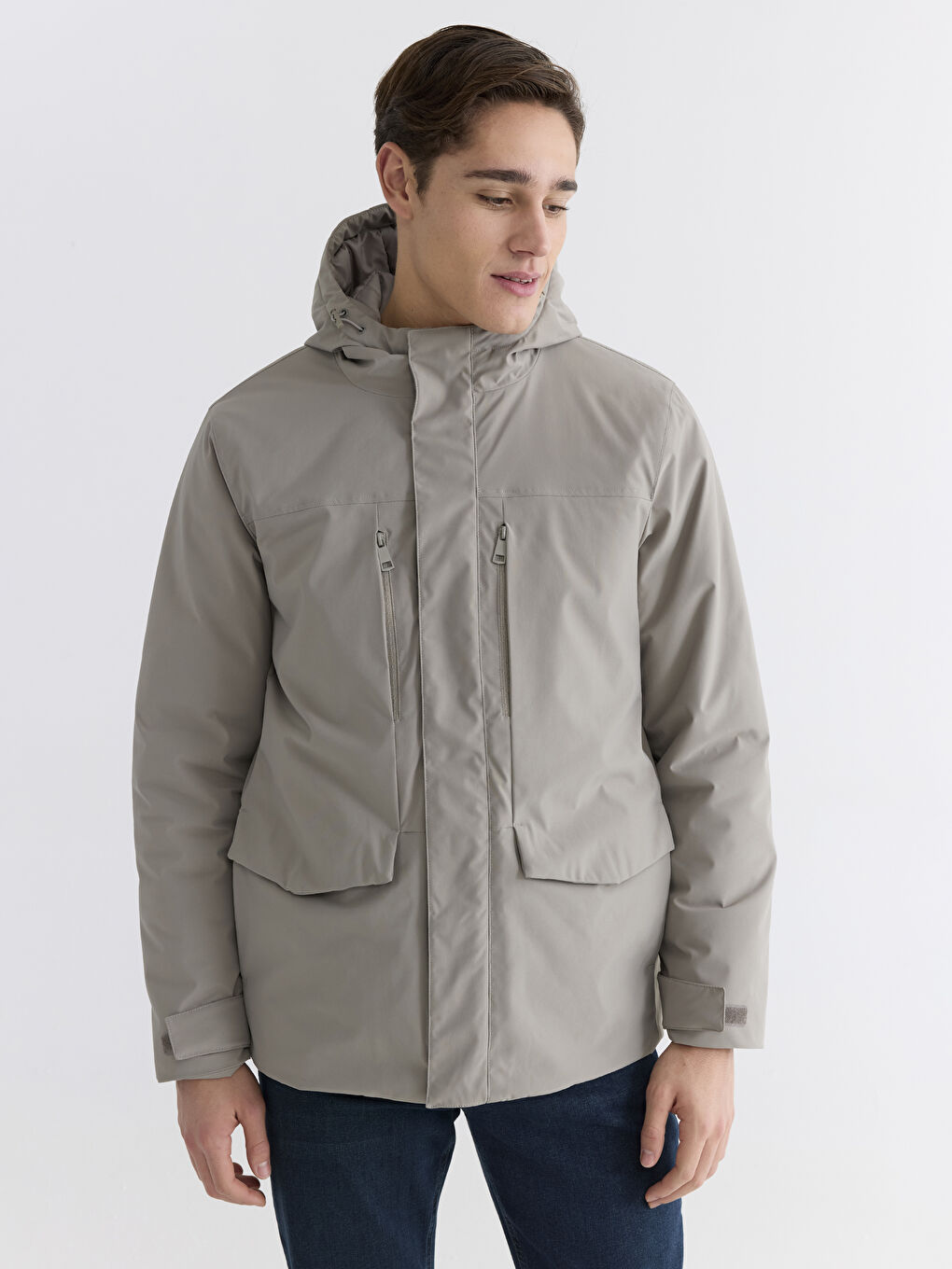 Kahverengi Standart Kalıp Kapüşonlu Erkek Mont-1