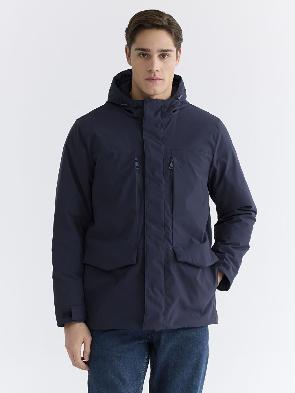 Lacivert Standart Kalıp Kapüşonlu Erkek Mont-1