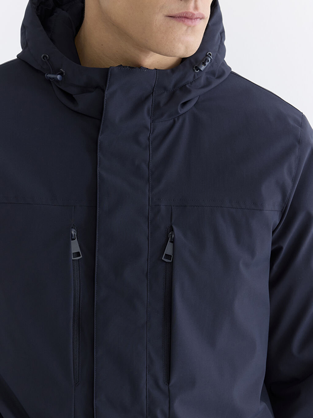 Lacivert Standart Kalıp Kapüşonlu Erkek Mont-4