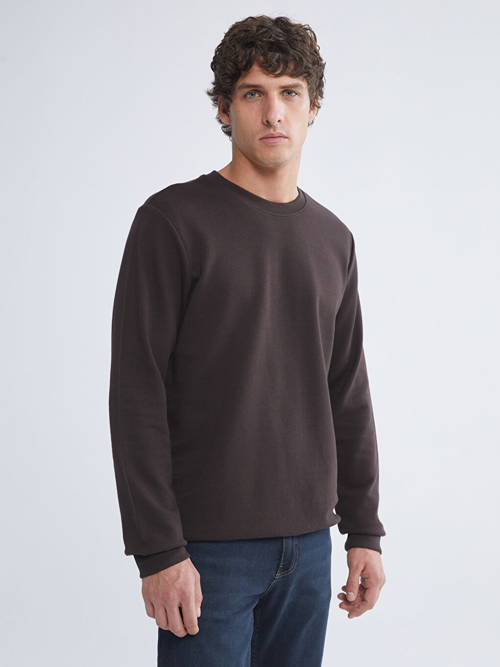 Kahverengi Bisiklet Yaka Erkek Sweatshirt