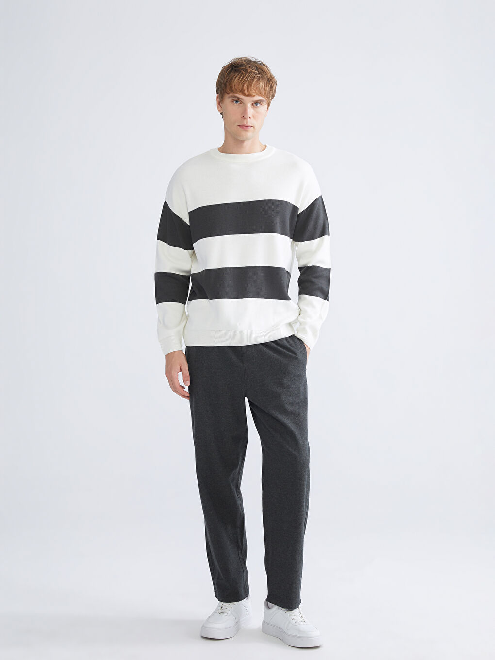 Antrasit Bisiklet Yaka Çizgili Erkek Triko Kazak-1