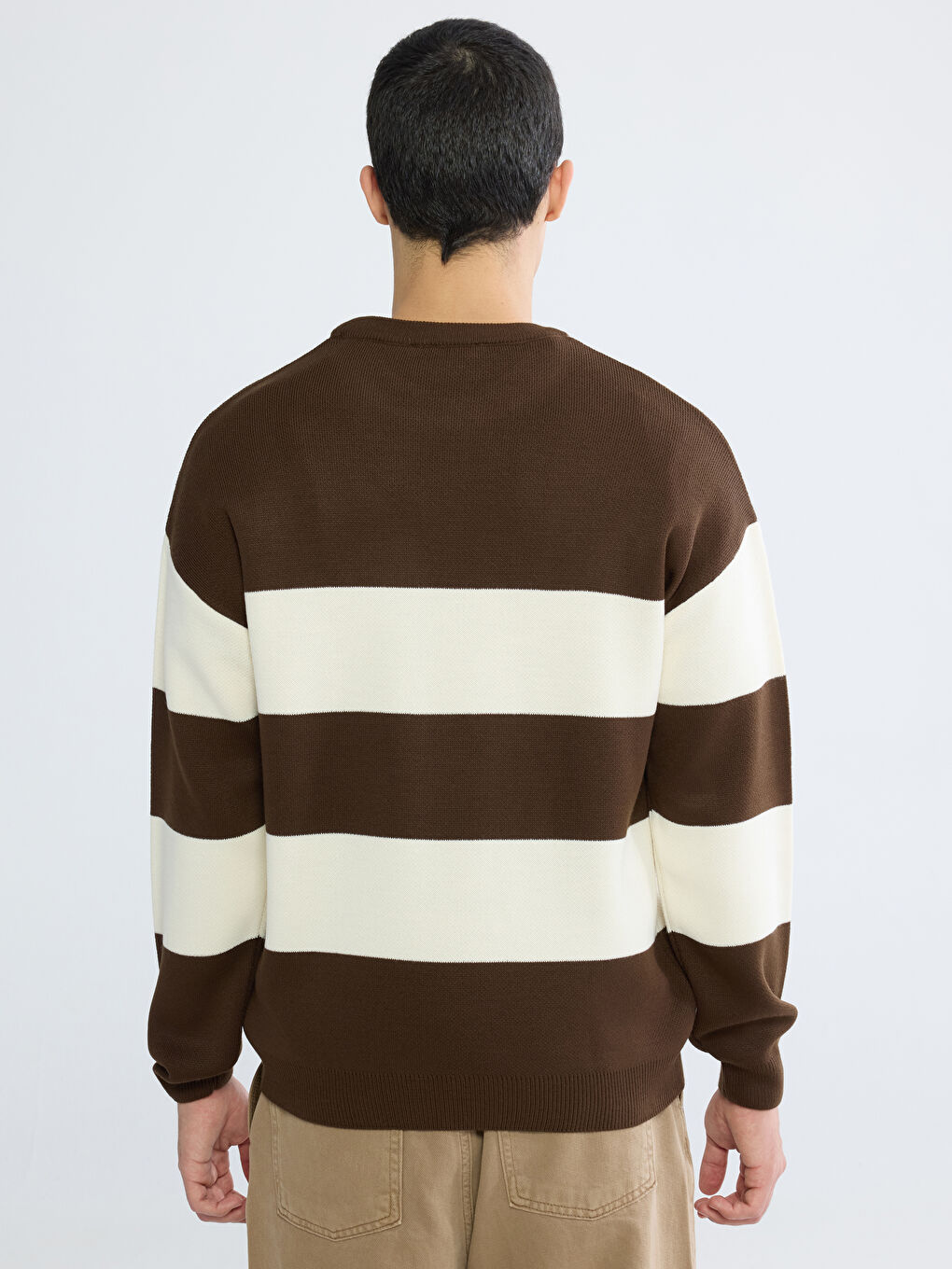 Kahverengi Bisiklet Yaka Çizgili Erkek Triko Kazak-3