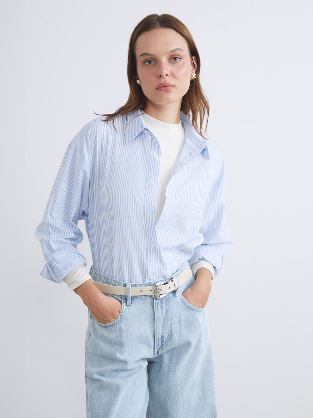 LCW Vision Striped Oversize Poplin Women's Shirt -W59113Z8-LEN