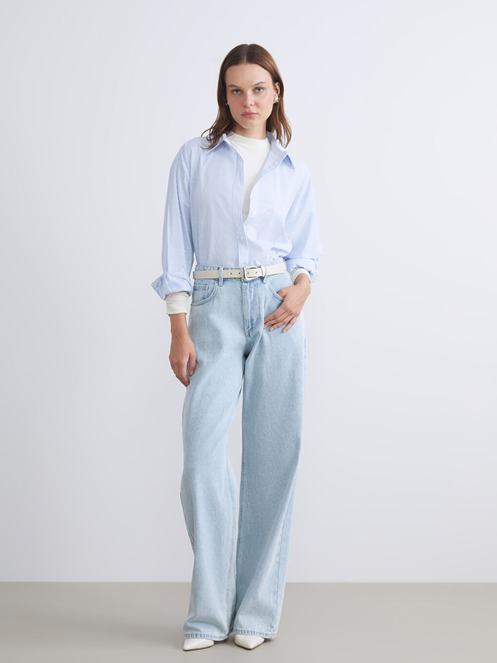 LCW Vision Striped Oversize Poplin Women's Shirt -W59113Z8-LEN