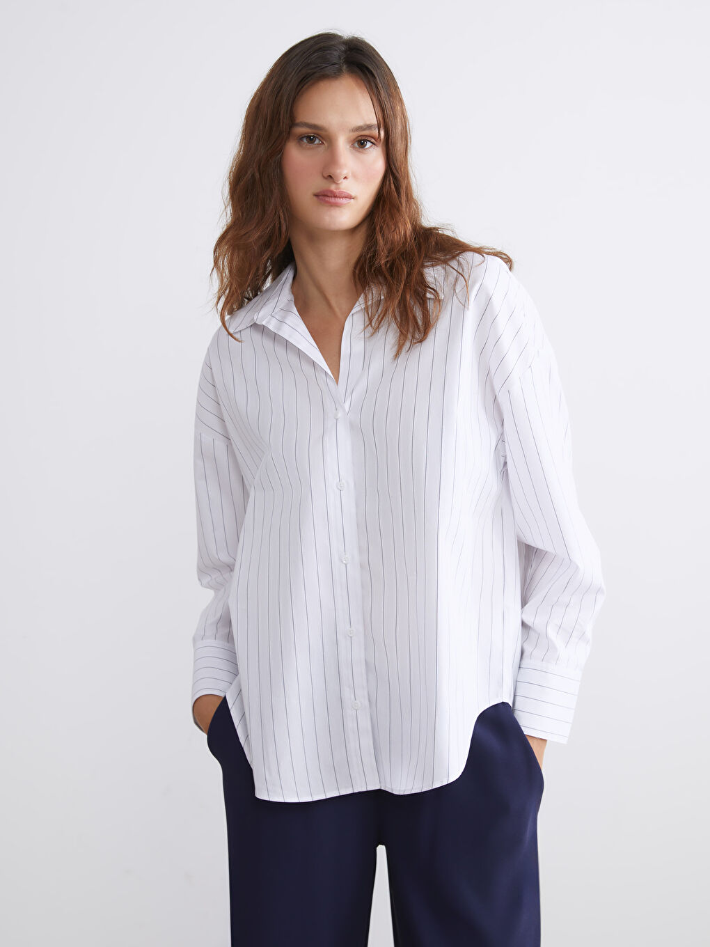 LCW Vision Striped Oversize Poplin Women's Shirt -W59116Z8-LEG