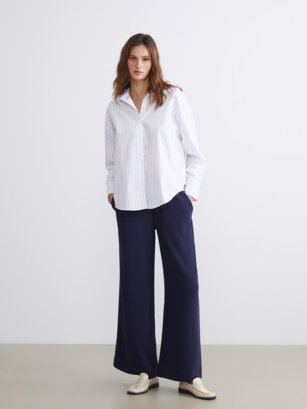 LCW Vision Striped Oversize Poplin Women's Shirt -W59116Z8-LEG