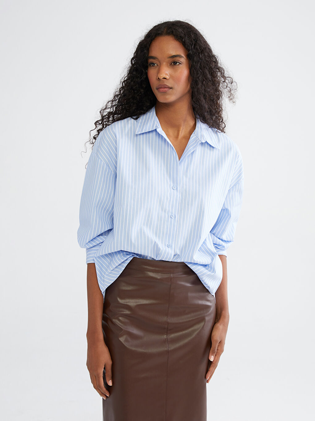 LCW Vision Striped Oversize Poplin Women's Shirt -W59116Z8-LEN