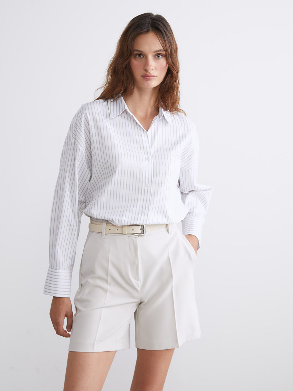 LCW Vision Striped Oversize Poplin Women's Shirt -W59116Z8-LFV