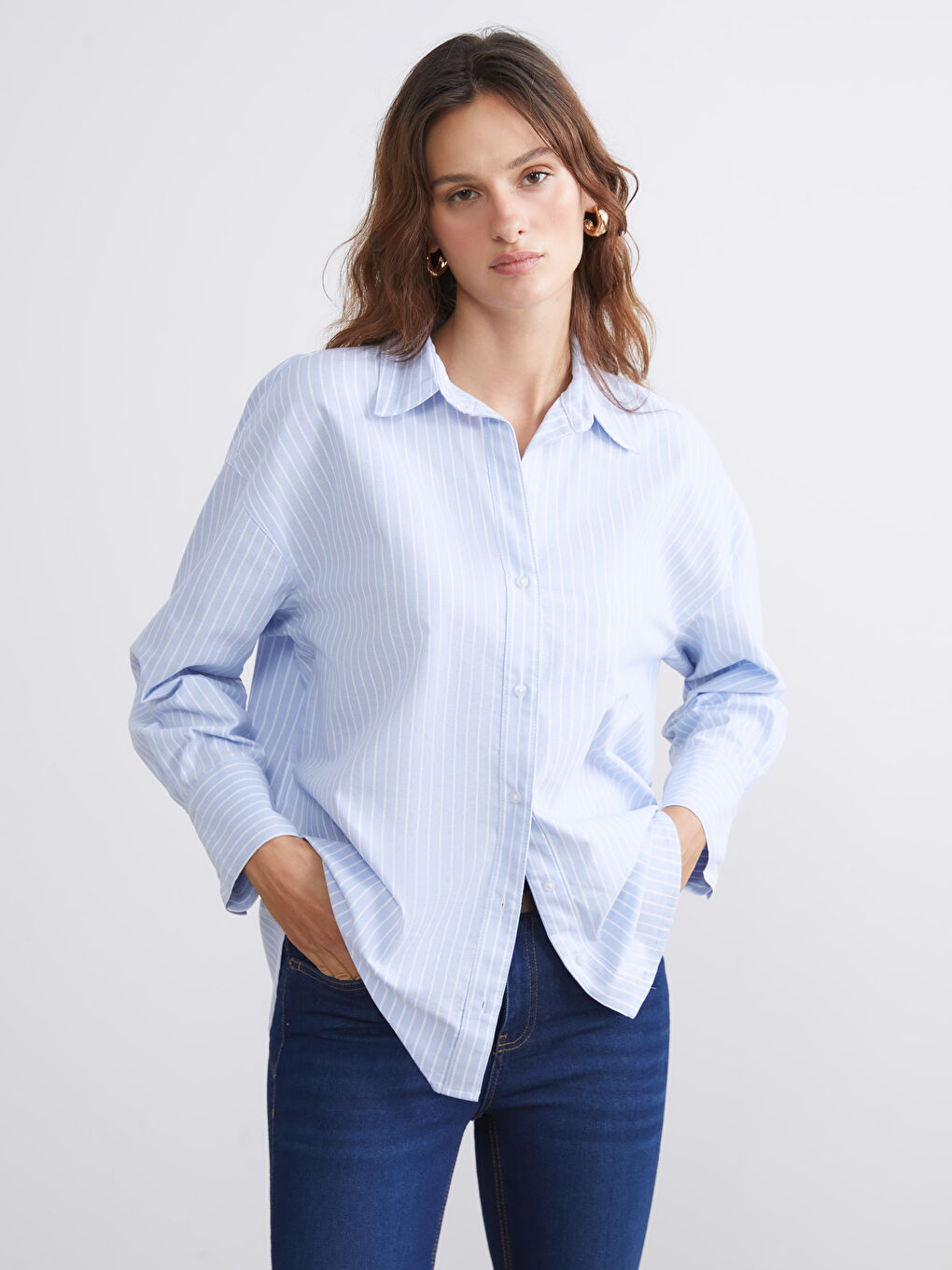 LCW Vision Striped Oversize Women's Shirt -W59117Z8-LEN