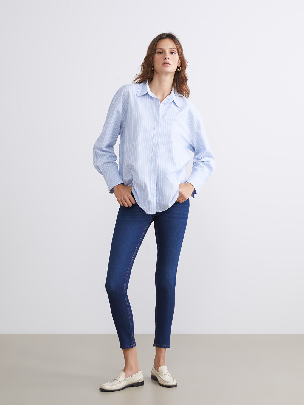 LCW Vision Striped Oversize Women's Shirt -W59117Z8-LEN